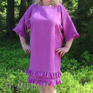 purpurowa sukienka lniana z falbankami 100 len na lato, lnu boho
