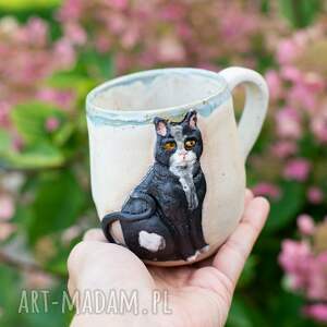 handmade kubek ceramiczny z kotem czarny kot duży ok 450 ml, ceramika