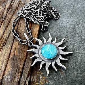 Duży, srebrny wisior symbol Słońca z amazonitem 12 mm