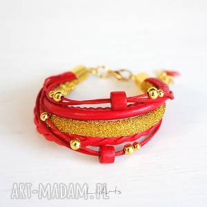 bransoletka - czerwona złota rzemienie, unikatowa elegancka, koraliki
