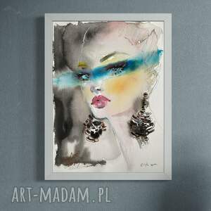 black earrings, akwarela na papierze, portret kobiety elegancki, obraz