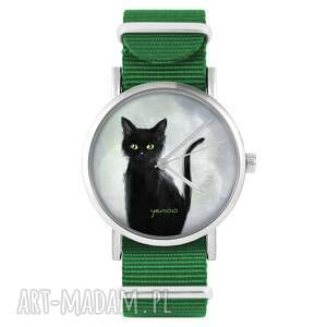 handmade zegarki zegarek - czarny kot zielony, nylonowy