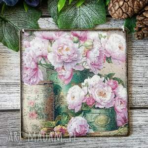 dekoracyjny obrazek decoupage z piwoniami, shabby chic, farmhouse, vintage