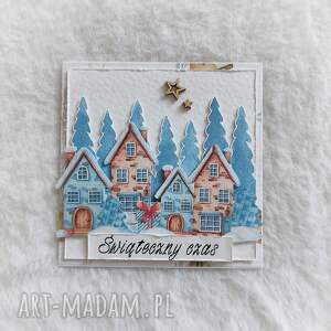 kartka świąteczna - domki las, boże narodzenie, zimowe domki choinki