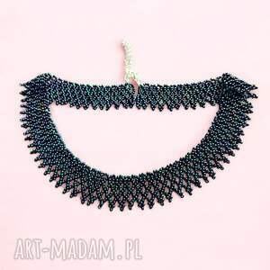 kolia koralikowa benzynowy granatowy naszyjnik pleciony elegancki, biżuteria