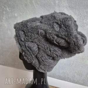 czapka sztuczne futro szara ciepła na podszewce, super na zime