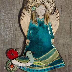 turkusowy aniołek z sercem dekoracja świąteczna ceramika