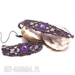 bona ametyst i kamień księżycowy w makramie komplet pleciony boho chic