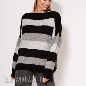 oversizeowy sweter w paski - swe299 czarny/szary/jasny szary mkm
