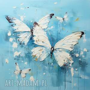 białe motyle na niebieskim tle - obraz wydruk na płótnie 50x50 cm