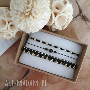 lei handmade czarny zestaw bransoletek, turmalin szyta ręcznie, szkło japońskie