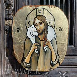 dobry pasterz ikona ręcznie malowana i złocona teakowym drewnie o wymiarach