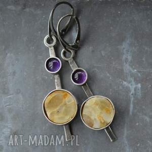 srebrne kolczyki z bursztynem i ametystem, srebro