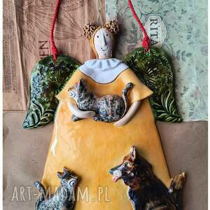 Anioł z owczarkiem niemieckim i 2 kotami, ceramika, pies, kot