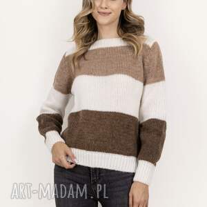 sweter w szerokie, kontrastowe pasy - swe290 ecru/brąz/mocca mkm