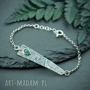 srebrna bransoleteka z wzorem liści i serpentynitem, bransoletka zielonym