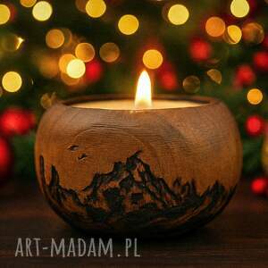 drewniany świecznik z górskim motywem - ręcznie wypalany, idealny prezent