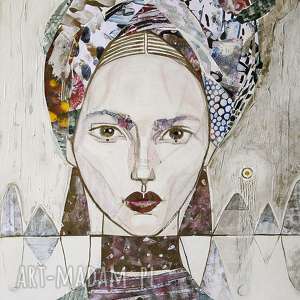 obraz na płótnie, akryl, collage - kobieta w turbanie, ręcznie malowany twarz