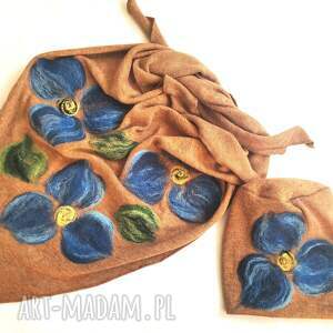 handmade chustki i apaszki miodowy wełniany komplet w kwiaty idealny na zimę filcowany