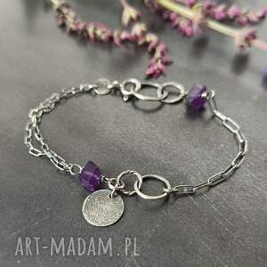 Surowa srebrna bransoletka - srebro oksydowane, ametyst