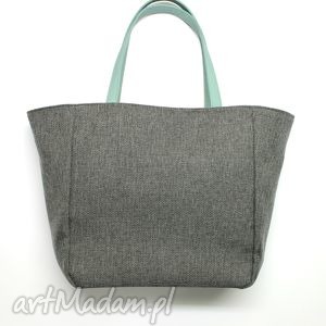 handmade na ramię shopper bag worek - dark grey i rączki miętowe