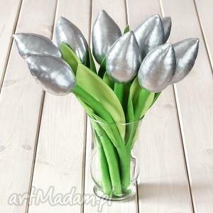 tulipany srebrny bawełniany bukiet, kwiaty z materiału, prezent