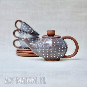 Prezent Imbryk i trzy filiżanki w kropki, zestaw do kawy