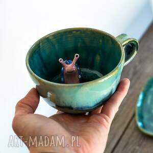 Filiżanka do herbaty z figurką ślimaka do kawy turkusowe jeziorko ok 450 ml ceramika na prezent, z ślimakiem, duży