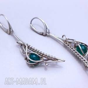 srebrne kolczyki wire wrapping z zielonym chalcedonem - ręcznie robiona biżuteria