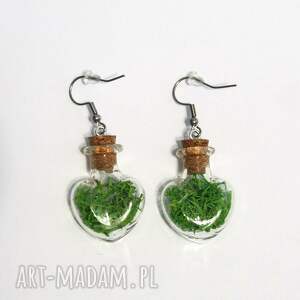 kolczyki fiolki - mech, serce szklane, naturalne niej, prezent