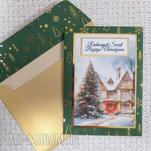nawiasotwartyodserca kartka świąteczna z kieszonką, zielono - złota w choinki 2