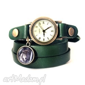 handmade bransoletka, zegarek - szary wilk - zielony, skórzany