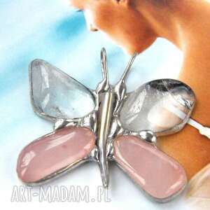 wisiorek motyl różowo - kryształowy kamieni, prezent walentynki