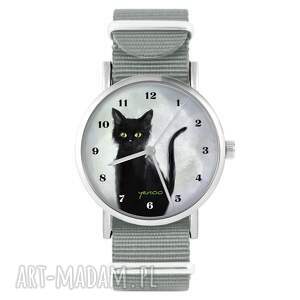 handmade zegarki zegarek - czarny kot, cyfry - szary, nylonowy