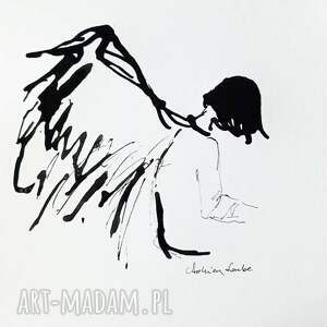"spotkanie z aniołem" grafika czarnym tuszem artystki adriany laube