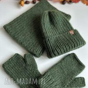 Wełniany komplet - czapka, komin i mitenki - zielony - na zamówienie - ręcznie