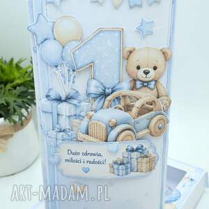 Kartka na Roczek dla chłopca z pudełkiem - 1 i misiek handmade