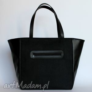 handmade na ramię shopper bag worek - zamsz czarny i skóra czarna