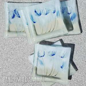 szklane talerzyki ręcznie malowane 6 sztuk zioła niebieskie, fusing