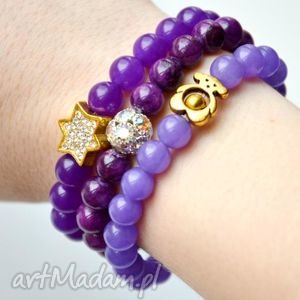 handmade bracelet by sis: złoty miś w fioletowych kamieniach