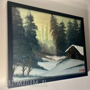 Oryginalny obraz olejny - zimowa chatka w lesie 40x50 cm