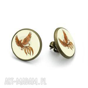 kolczyki sztyfty feniks - ognisty ptak symbol odrodzenia, ręcznie robione