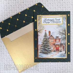 NawiasOtwartyOdSerca: kartka świąteczna z kieszonką, ciemnozielona w złote choinki 2, prezent