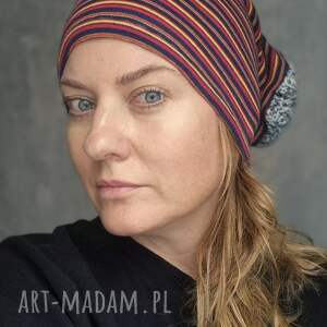 czapka w paski smerfetka na podszewce damska rozmiar uniwersalny góra kolorowa