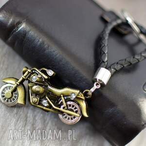 brelok do kluczy motocykl stare złoto z czarnym rzemieniem skórzanym, jednoślad