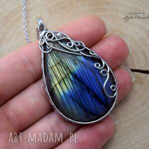 handmade zegarki wisiorek labradoryt, wire wrapping, stal chirurgiczna