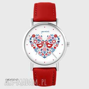 ręcznie wykonane zegarki zegarek - ptaszki folkowe czerwony, skórzany