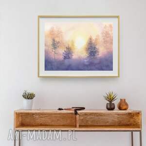 Plakat akwarelowy Świt w mglistym lesie 50x70 cm