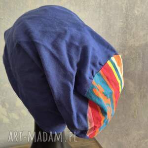 czapka niebieska materiałowa na podszewce góra kolorowa rozmiar uniwersalny