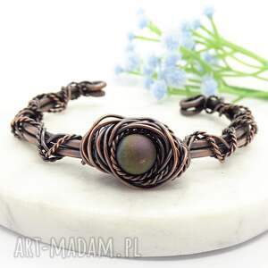 bransoletka miedziana z fioletowym agatem druzą, ethno bransoleta, biżuteria